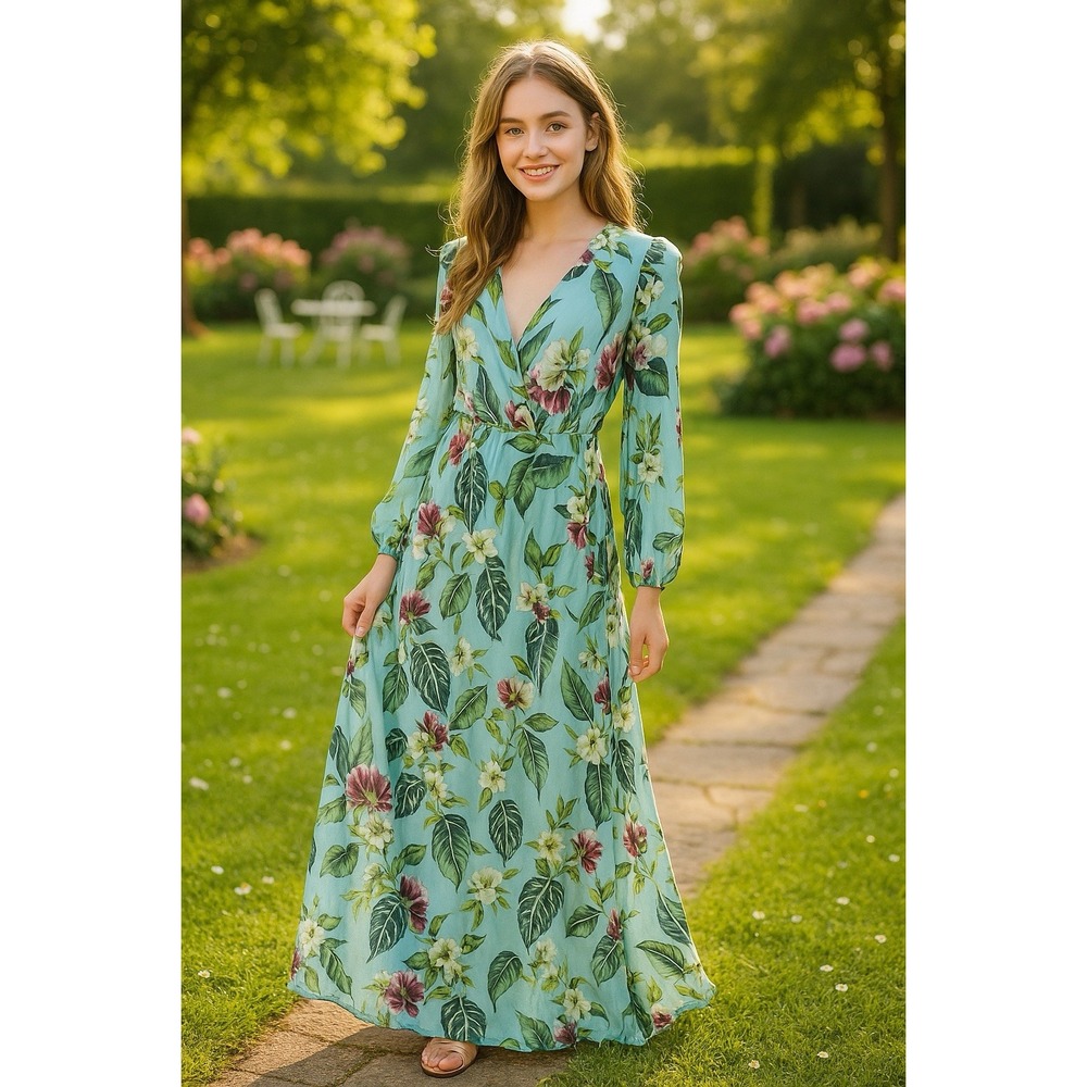 Nicholas Maxi Dress Womens 4‎ Silk Floral Split Sleeve Mayflower Wrap Tropical